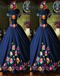 2022 Fashion Charro Mexico Quinceanera Dresses Navy Blue Embroidered Off The Shoulder Satin Corset Back Sweet 15 Girls Prom Dress 7290862