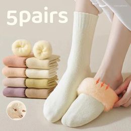 Women Socks 5/3 Pairs Wool Winter Warm Cashmere Mid-Tube Markron Color Thick Plush Snow Sokken Home Floor Sleep Stocking