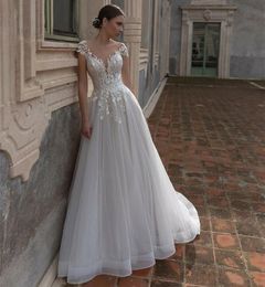Elegant Long Sheat Neck Tulle Wedding Dresses Cap Sleeve A-Line Ivory Lace Sweep Train Garden Bridal Gown Zipper Back Vestido de novia Women Dresses