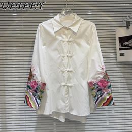 Women's Blouses 2024 Spring Chinese Style Cuff Color Embroidery Pattern Buckle Design Shirt White All-matching Tops Camisas For Women