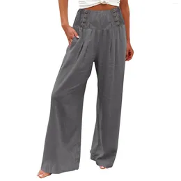 Women's Pants Summer Wide Leg Trousers Women Loose Palazzo Solid Colour With Pocket Casual High Waist Elastic Button