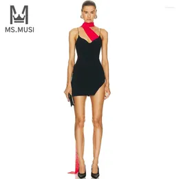 Casual Dresses MSMUSI 2024 Fashion Women Sexy Halter Patchwork Sleeveless Draped Backless Bandage Party Club Bodycon Event Slit Mini Dress