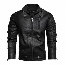 autumn Winter Men's Motorcycle Leather Jacket Retro Coat Fi Stand Collar Faux Leather Outwear Windproof Zipper Windbreaker s5kM#