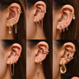Hoop Huggie Punk Rock Helix Fake Cartilage Ear Cuff With Long Chain Circle Earrings Set For Women Tiny Piercing Hie Earring Jewellery Dr Otjbo