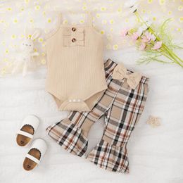 Clothing Sets Cute Baby Girls Clothes Set Summer Outfits Ribbed Suspender Romper Top Bow Checkered Flared Pants Headband Infant