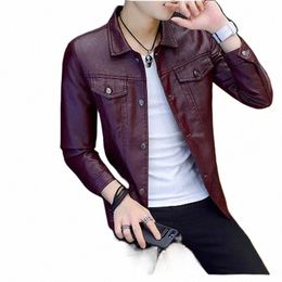 2023 New Leather Jacket Men Spring Autumn Slim Was Thin Fi Turn-Down Collar Single Breasted Red Wine /Green Coats Outerwear D0AG#