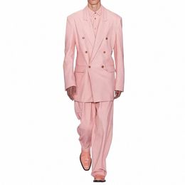 elegant Pink Suits for Men 2024 Fi Peak Lapel Double Breasted Suit Casual Busin 2 Piece Wedding Tuxedo Costume Homme R3MQ#