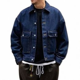 spring and Autumn Loose Shoulder Denim Jacket Mens Dark Blue Japanese Cargo Jacket Pockets Single Breasted Cardigans Menswear R153#