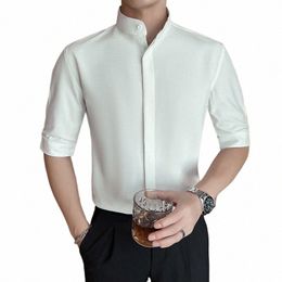 mandarin Collar Big White Blouse For Mens Elegant Blackish Green Dr Shirts Half Sleeves Gentleman Blouse Large Size 5xl Cloth U9Jt#