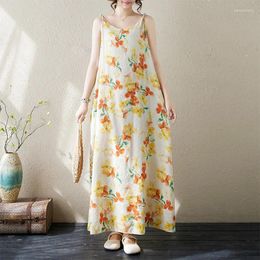 Casual Dresses 2024 Thin Cotton Print Floral Sleeveless Loose Summer Strap Dress For Women Holiday Travel Style Beach Bohemia Long