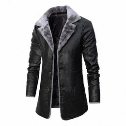 men Winter Lg Thick Fleece PU Leather Jacket Mens Streetwear Casual Busin Clothing Porcket Leather Jackets Coat Outwear Men 60PO#