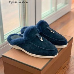 Loro Piano LP LorosPianasl embellished Walk Charms topquality suede slippers Summer Moccasins shearling Mule Closed toes shoes casual slip on flats for women Luxur