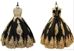 Sexy Black And Gold Lace Flower Girls Dress 2019 High neck With Corset Back Crystal Ball Gown Designer First Communion Pageant Dre5985004