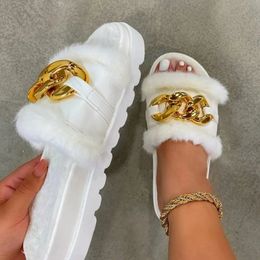 Winter Slippers Plush 439 Open Toe Solid Color Sandals Metal Chain Outdoor Casual Womens Fashion Shoes 240315 b