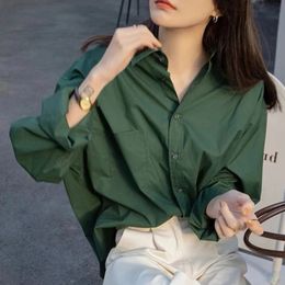 Retro Green Blouse Ladies spring lazy longsleeved shirt Korean Style Womens Clothes Tops Casual Female Solid Simple Wear 240326