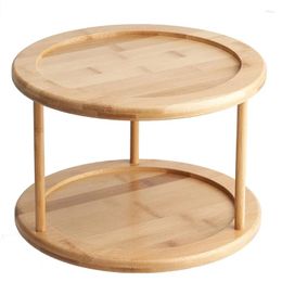 Kitchen Storage Round Bamboo Turntable Cabinet Organiser 2 Tier Spice Rack Removable Spinning Tray For Multi-Purpose