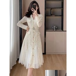 Basic Casual Dresses High-End French Runway Dress 2024 New Spring Elegant Celebrity Light Fashion Lace Hollow Out Long Vestidos Drop D Otmpw