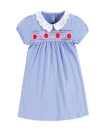 Little Maven New Summer Kids Cute Light Blue Peter Pan Collar Red Apple Girls 27yrs Lantern Sleeve Cotton Knitted Smock Dresses Q5720362
