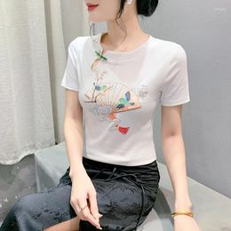 Women's T Shirts Chinese Style Diamond Short Sleeved T-shirt For Summer 2024 Slim Tees Print Tops