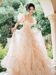 Romantic Floral Printing High Split A-Line Wedding Dresses Sweetheart Short Sleeve Ruffles Bridal Gowns Robe De Mariee