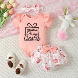 Clothing Sets 0-24M Baby Girl Clothes Set Letter Printing Tights Top Pink Cute Ruffled Floral Shorts Bow Headband 3pcs For Summer Wear