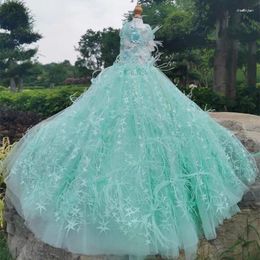 Dog Apparel Handmade Unique Luxury Design Clothes Pet Trailing Dress Wedding Evening Gown Mint Green Feather Pearl 3DFlower Bud Tulle