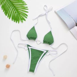 Women's Swimwear 2024 Green 2 Piece Swimsuit For Women Low Waist Thong Triangle Bikini Patchwork Bandage Suspender Backless Bathing Suit