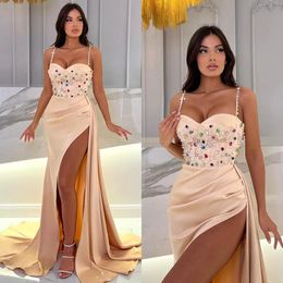 Elegant Beige Mermaid Evening Dresses Spaghetti Colourful Crystal Diamonds Party Prom Dress Split Long Dress for special occasion