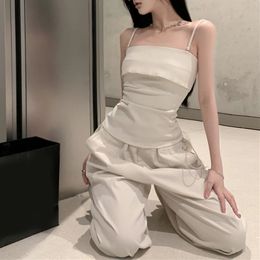 Summer Streetwear Solid Color Loose Casual Cargo Pants Women Sexy Backless Zipper Slim Camisole Two-piece Suit240327