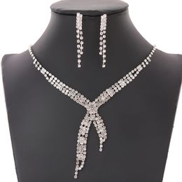cross border hot selling fashion claw chain jewelry, European and American diamond inlaid bride wedding necklace earrings, two-piece jewelry set