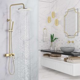 CHALIRS Brushed Gold Exposed System 2 Handheld Modes, 3 Functional Bathtub Faucet Set, Brass Vae, Clip with 10 Inch (approximately 25.4 Cm) Rain Head,