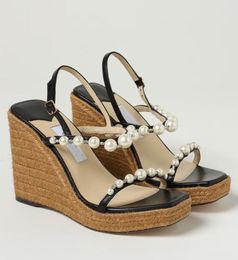 Летние роскошные женские сандалии Amatuus, туфли на танкетке с украшением из жемчуга и кристаллами, квадратный носок, модельная обувь для свадебной вечеринки, женские сандалии-гладиаторы EU35-43