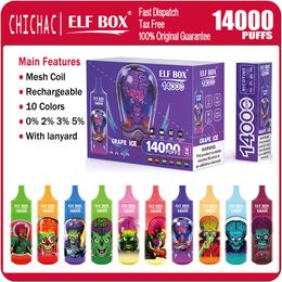Original Elf Box 14000 Disposable E Cigarettes Rechargeable 25ml Pods Carts Mesh Coil Vape Pen RGB Lights 600mAh Battery with Lanyard