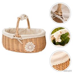 Storage Baskets 1Pc Willow Hand-woven Picnic Basket Rural Style Decorative Portable Shopping Basket Food Vegetable Basket Egg Storage Container