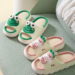 Slippers Lovely Cartoon Frog Linen Women Shoes Couples Non Slip Thick Soled Spring Summer Cotton Cool Home Slides