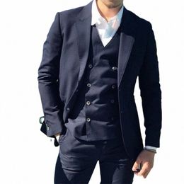 regular Suits for Men Blazer Terno Costume Single Breasted Notched Lapel Navy Blue Three Piece Jacket Pants Vest Homme Custom 19Tg#