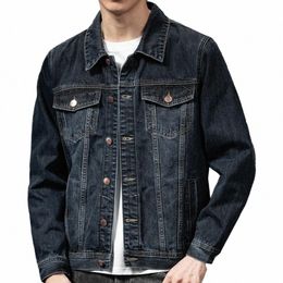 single Breasted Coat Stylish Men's Denim Jacket with Multiple Pockets Lapel Collar Single-breasted Closure Korean Style for A U74I#