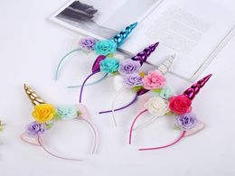 Glitter Metalik Unicorn Headband Girls Chiffon Çiçekler Saç Bandı Çocuklar İçin Çiçek Unicorn Boynuz Parti Saç Aksesuarları7487347