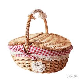 Storage Baskets Rattan Outdoor Picnic Basket Country Style er Hamper with Lid and Handle P31E