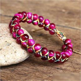 Charm Bracelets 6Mm Rose Red Tiger Eye Stone Beads Braided Bracelet Double Layer Women Friendship Strand Handmade Jewelry Drop Deliver Otbyx