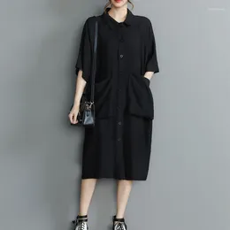 Party Dresses 2024 Arrival Japanese Style Big Pockets Street Fashion Blouse Black Summer Dress Loose Women Casual Midi