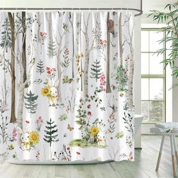 Shower Curtains Spring Forest Curtain Funny Sunflower Squirrel Birds Watercolour Floral Plant Trees Modern Bathroom Decor