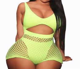 Women Sexy Two Piece Fishnet Swimwear High Waist Shorts 2 Pieces Bikini Set Tanga Swimming Suit Push Up Mesh Neon Swimsuit Y1906298232268