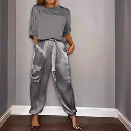 Spring Summer Satin 2 Piece Set Women Casual Solid Color Outfit Half Sleeve Tops Loose Fit Pants Suit Two Sets 240319