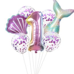 7pcs/Set Mermaid Balloons Number Balloons for 1st 2nd 3rd Birthday Party Girls' Mermaid Tail Decoration Supplies