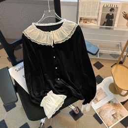 Women's T Shirts Commuter Spring Autumn Black Temperament Sweet Versatile Korean Version Velvet Ruffle Edge Fashion Long Sleeved Top