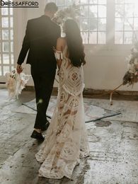 Bohemian Illusion Appliques Lace Mermaid Wedding Dresses O-Neck Sleeveless Tassel Bridal Gowns Vestidos De Novia