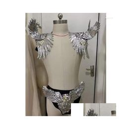 Dancewear Accessories Stage Wear Sier Sequins Wing Epaet Shoder Ornaments Crystals Shorts Outfit Sexy Bar Mens Dancer Gogo Costume Dhrhl