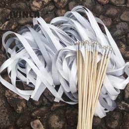 Party Decoration Est 50pcs/lot White Grey Stain Ribbon Wedding Wands With Sliver Bells For