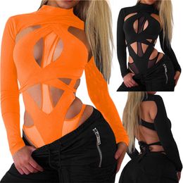 2024 Designer Sexy Hollow Out Bodysuits Women Summer Bodycon Jumpsuits Long Sleeve Backless See Through Jumpsuits Club Wear Wholesale Clothes 10851